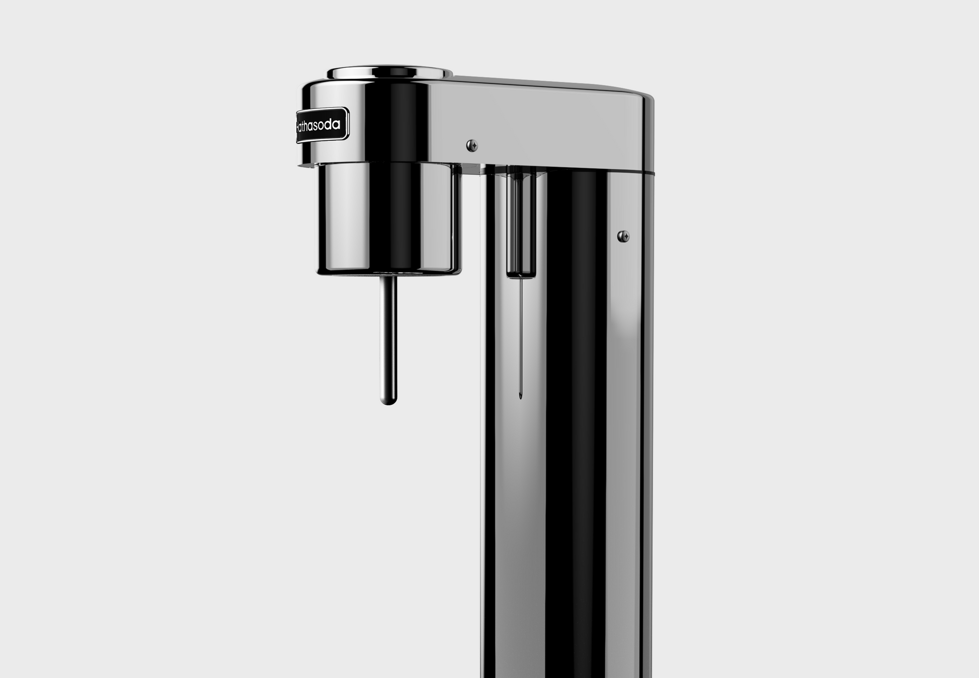 Close-up of the Hathasoda S1 head and carbonating nozzle in polished stainless steel