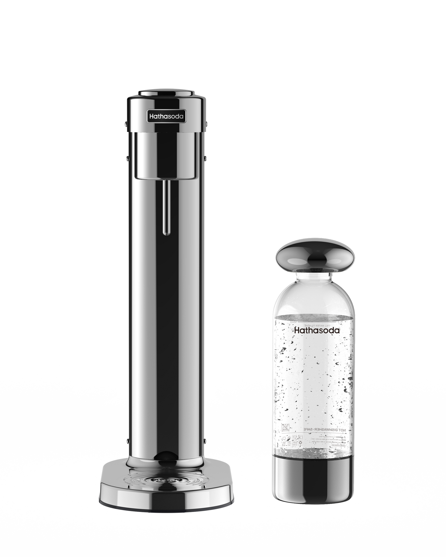 Hathasoda S1 sparkling water maker in polished stainless steel, front view, next to a filled 1L carbonating bottle