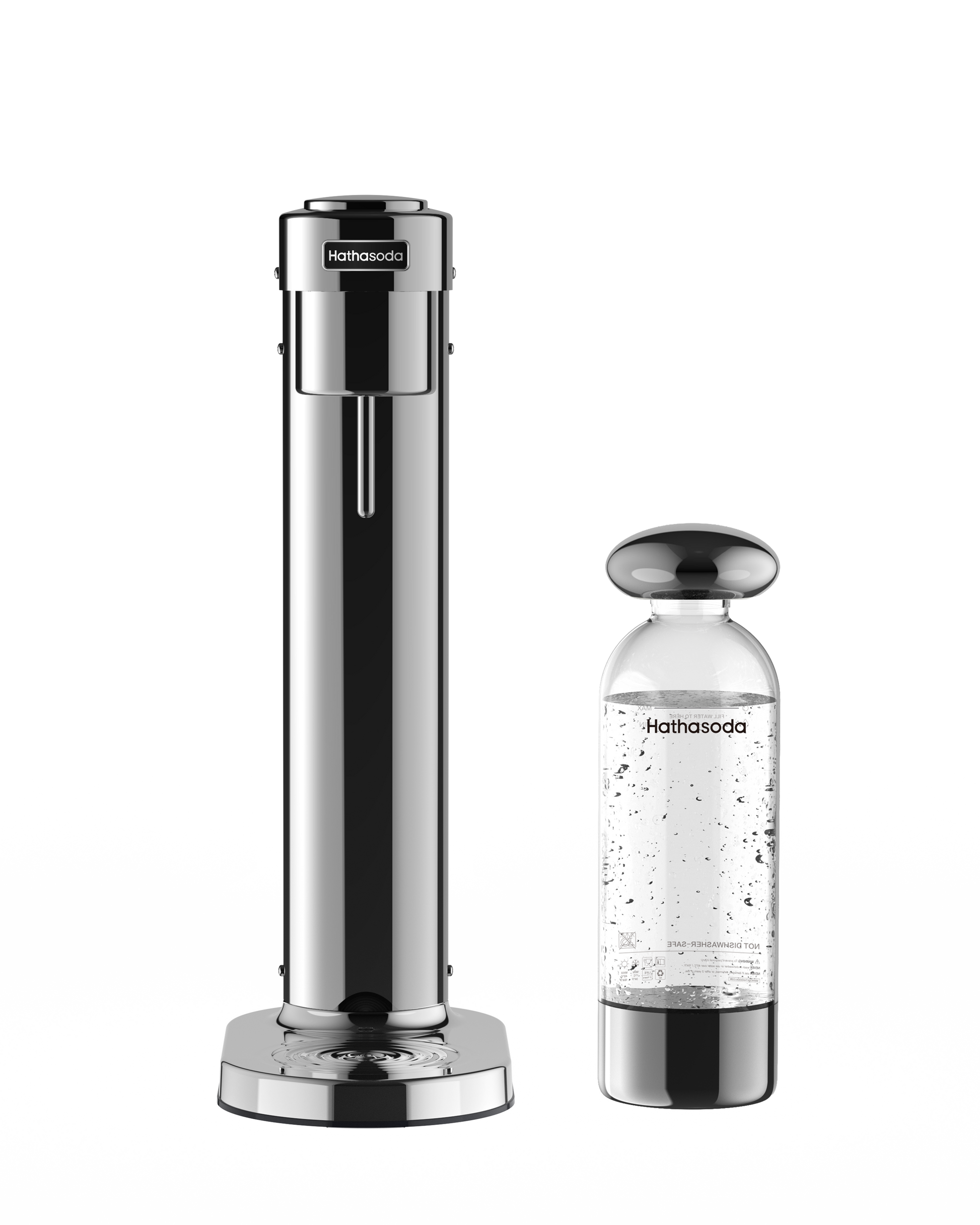 Hathasoda S1 sparkling water maker in polished stainless steel, front view, next to a filled 1L carbonating bottle