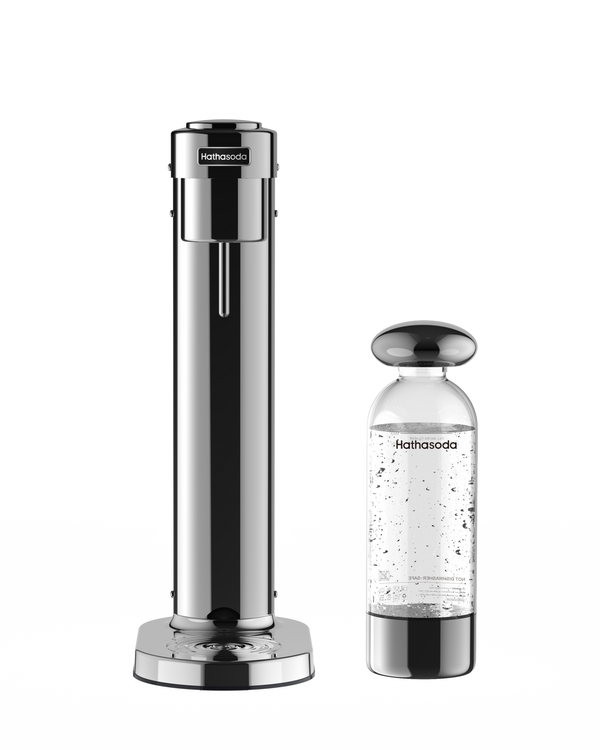 Hathasoda S1 sparkling water maker in polished stainless steel, front view, next to a filled 1L carbonating bottle
