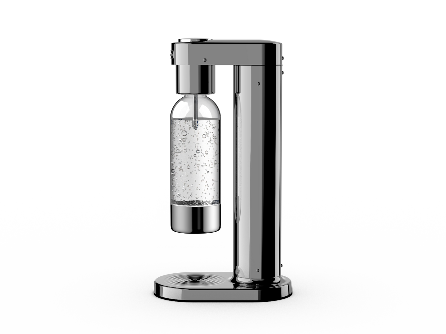 Hathasoda S1 with the 1L bottle mounted under the carbonating nozzle, three-quarter view