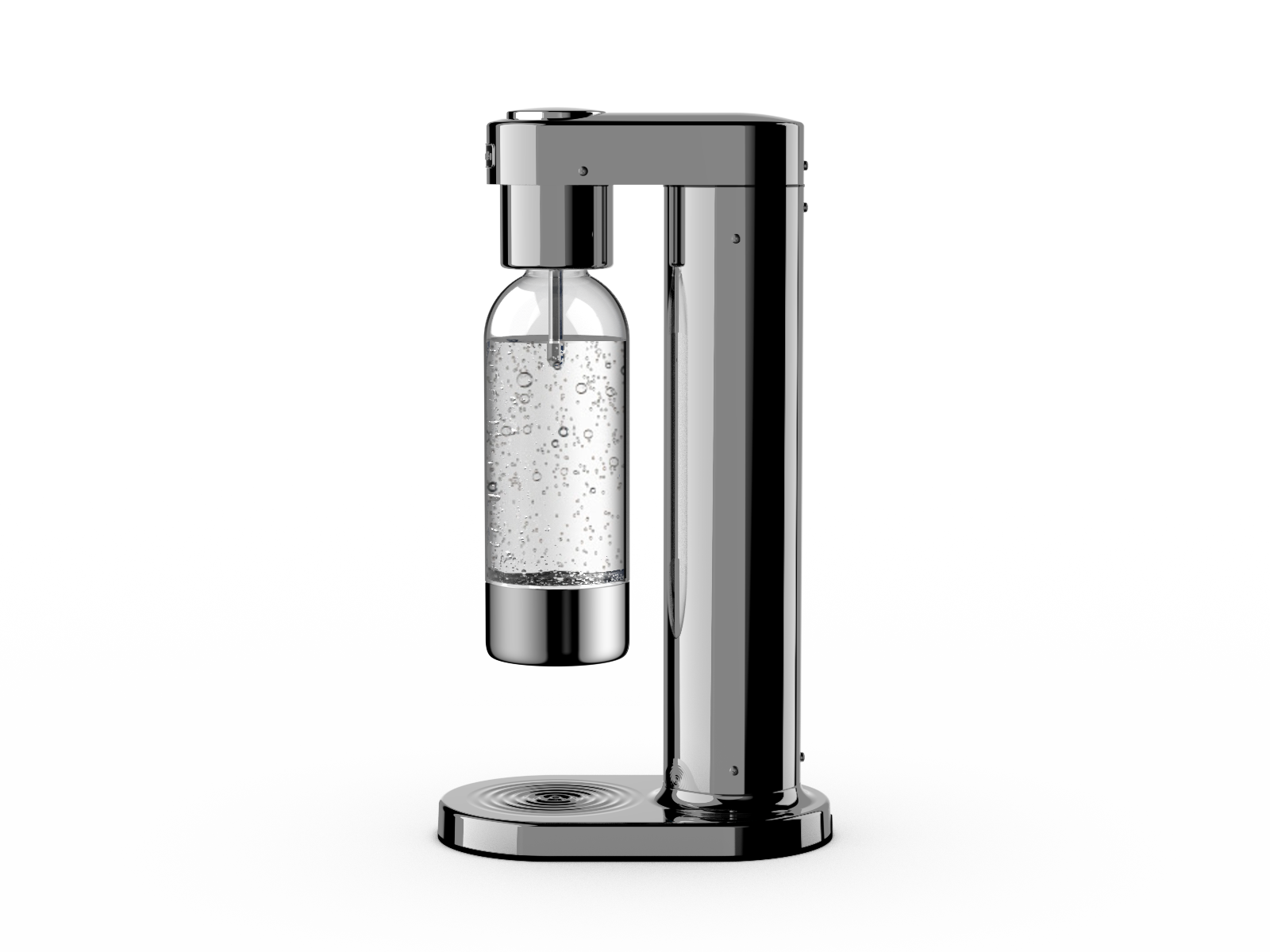 Hathasoda S1 with the 1L bottle mounted under the carbonating nozzle, three-quarter view