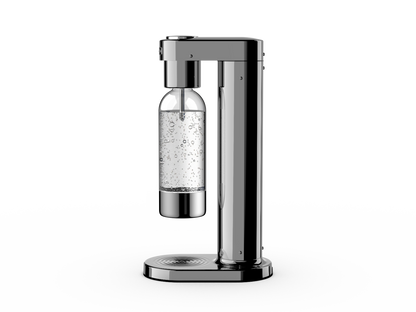 Hathasoda S1 with the 1L bottle mounted under the carbonating nozzle, three-quarter view