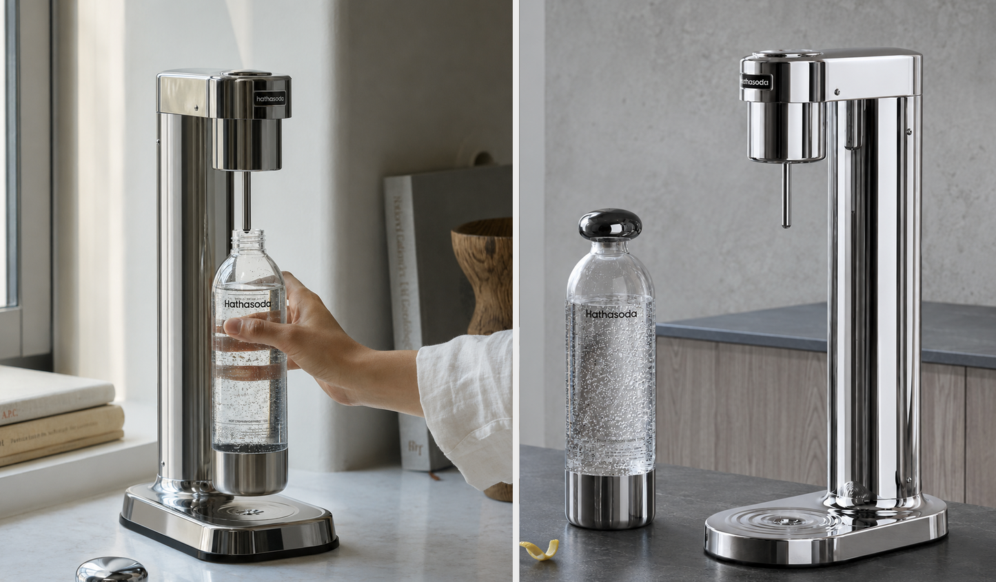 A hand lifting the carbonating bottle out of the Hathasoda S1 on a kitchen counter, and the machine on a stone worktop