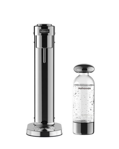Hathasoda sparkling water maker in polished stainless steel beside a filled 1L carbonating bottle